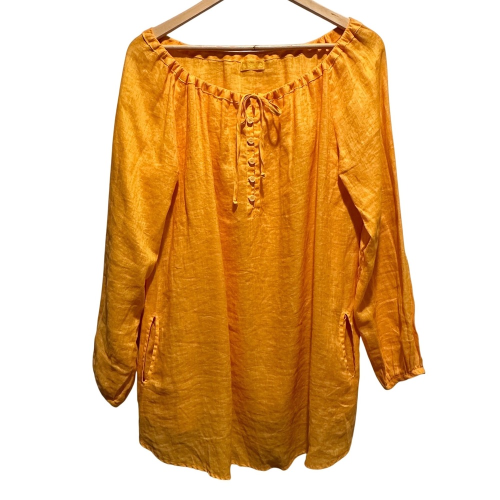 CP Shades Linen Tunic Women S Orange Long Sleeve Button Neck Boho Peasant Top